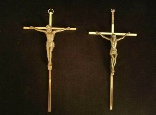 2 Inri Brass Gold Metal Crucifix 10 " In Wall Hanging Jesus On The Cross
