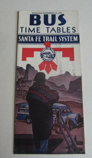 Old Vintage 1936 - Santa Fe Trail System - Bus Time Table - Travel Brochure