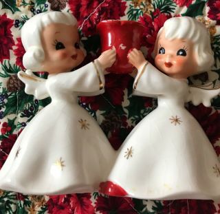 Vintage 1949 Ceramic Angel Candle Holder Made In Japan White And Red Christmas