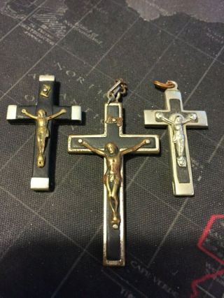 Antique/vintage Ww1 Ebony Wood & Plated Brass Christian Crucifix/cross Pendant