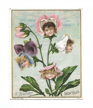 A Bright Year Faces In Flowers Fannie Rochat Verse Poem Vict Card C1880s