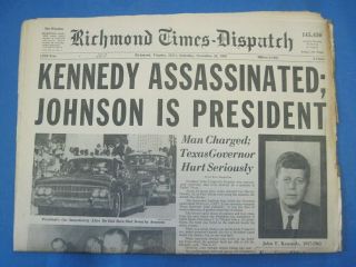 John Kennedy Assassination Richmond Time Dispatch Newspaper Complete Issue Vg