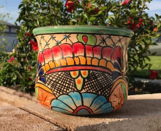 Authentic Talavera Ceramic Pot 7 " Flower Pottery Planter Hand Made Yellow Center