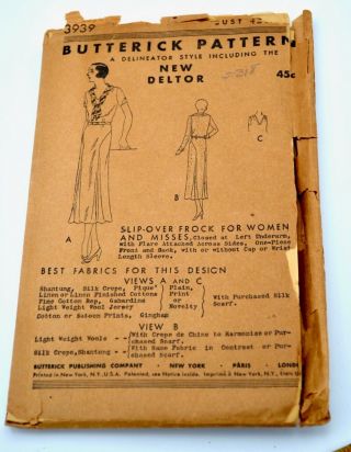 Vintage Butterick Sewing Pattern 1920s 1930s One Piece Dress 3939 Bust 42