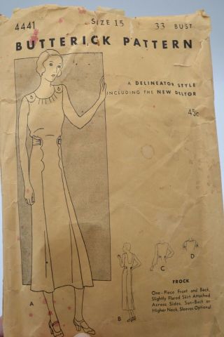 Vintage Butterick Sewing Pattern 1920s 1930s One Piece Dress 4441 Size 15