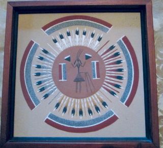 Large Vintage Navajo Sand Art Painting Sun And Eagle Signed