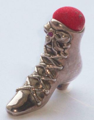 Rare Unusual Antique Vintage Solid Silver Boot Sewing Pin Cushion