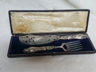 English Meat Cutter Silver Knife And Fork Set In Case Vintage Boat Scene