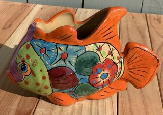 Talavera Mexican Pottery Colorful Fish Nautical Planter Flower Pot 11 X 7 X 5