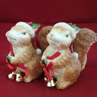 Pair - Santa Squirrels W/christmas Bells Figurines Ornaments Holiday Decorations