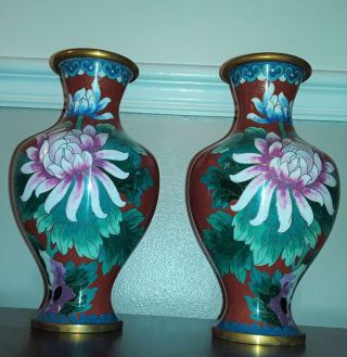 Jingfa Cloisonne Vases Mid Century Burgundy Flowers Baluster Shape Sgd