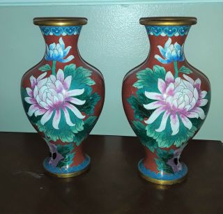 Jingfa Cloisonne Vases mid century Burgundy flowers baluster shape sgd 3