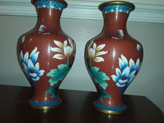 Jingfa Cloisonne Vases mid century Burgundy flowers baluster shape sgd 4