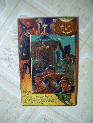 1910? Halloween Postcard,  Green Cat,  Witch,  Donkey,  Pumpkin,  Series