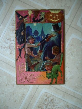 1910? Halloween Postcard,  Green Cat,  Witch,  Bat,  Pumpkin,  Series
