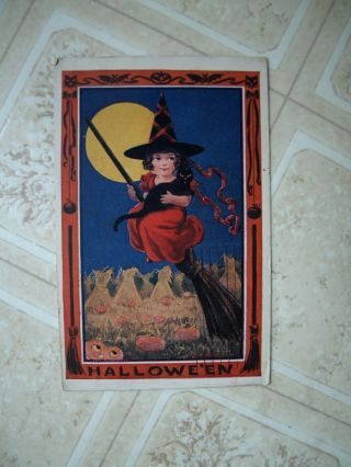 1910 Halloween Postcard,  Black Cat,  Young Witch,  Moon,  Pumpkins