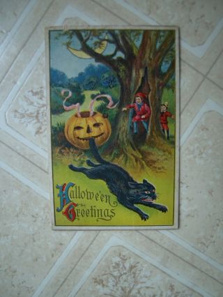 1914 Halloween Postcard,  Black Cat,  Jack O Lantern,  Pumpkin,  Moon