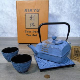 Rikyu Cast Iron Tea Set Dragonfly Teapot 2 Tea Cups Trivet Infuser Blue Saki