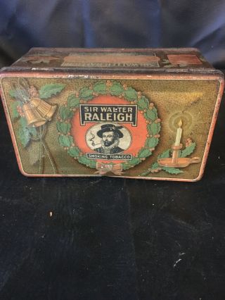Vintage Rare Sir Walter Raleigh Christmas Smoking Tobacco Tin Wreath Holly B & W