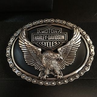 Harley - Davidson®️ Men’s Belt Buckle - Oval Bar And Shield Eagle W/chain Border