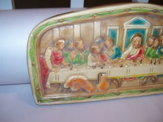 Vintage THE LAST SUPPER 3 - D Chalkware / Ceramic Colorful Wall Plaque Hanging 2