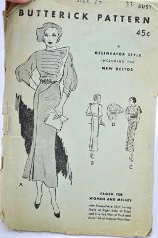 Vintage Butterick Sewing Pattern 30s 40s One Piece Dress 5634 Sz 15
