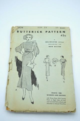 Vintage Butterick Sewing Pattern 30s 40s One Piece Dress 5634 Sz 15 4