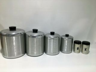 Vintage Spun Aluminum Metal Canister Set 4 Pc Flour Sugar Coffee Tea Plus Shaker