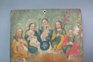 Antique Religious Tin Painting 5 Figures Angels Saints Spanish? Folk Art Icon 2