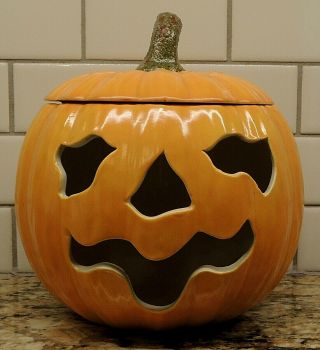 Vintage Ceramic Halloween Jack - O - Lantern Pumpkin Votive Tea Light Candle Holder
