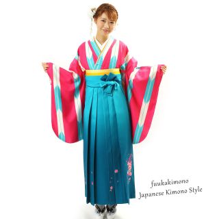 Japanese Hakama Kimono Women Gradation Blue Embroidered Design Andon -