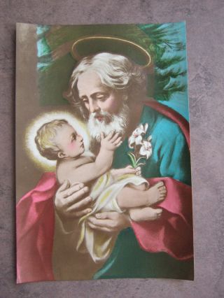 Antique Vintage Catholic Print St.  Joseph Holding Baby Jesus 1930 