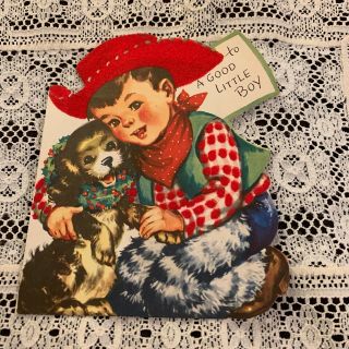 Vintage Greeting Card Christmas Cowboy Dog Wreath Whitman