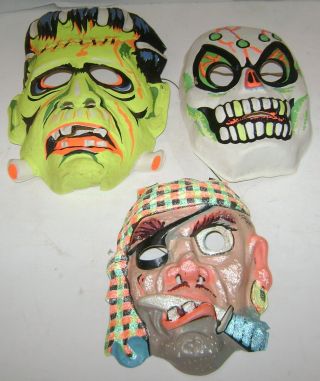 3 Vintage Halloween Masks Frankenstein Pirate Skull