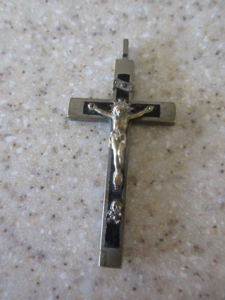 Vintage Brass & Ebony Crucifix Pendant German Ww2 - Skull & Crossbones Catholic