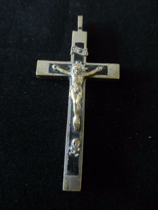 Vintage Brass & Ebony Crucifix Pendant German WW2 - Skull & Crossbones Catholic 3