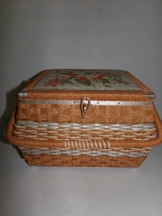 Vintage Woven Sewing Basket With Cross Stitch Lid Made In Japan