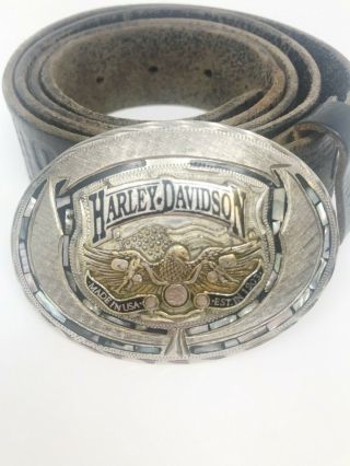 Harley Davidson Sterling Silver Buckle With Abalone Inlay With Leather Belt