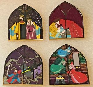 Disney Pins 2014 Uksleeping Beauty Stained Glass Window Complete Set Of 4 Pins