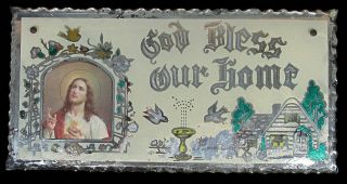 Vintage Religious God Bless Our Home Beveled Mirror Wall Hanging Jesus 8 " X 16 "