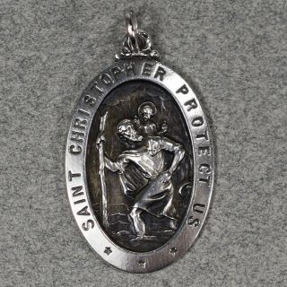 Vintage Sterling Silver Saint Christopher Protect Us Religious Medal - - 1268