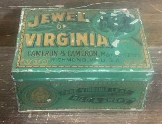 Antique Jewel Of Virginia Early Tin Litho Tobacco Can Box Vtg Pipe Smoking