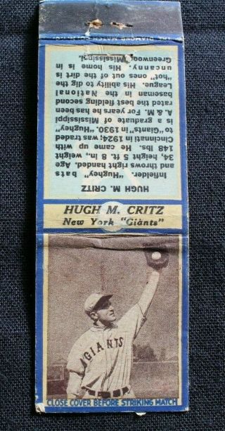 1930s Hugh Critz York Giants Baseball Matchbook Cover