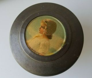 Metal Tin Vanity Powder Puff Music Box With Girls Portrait Vintage Antique