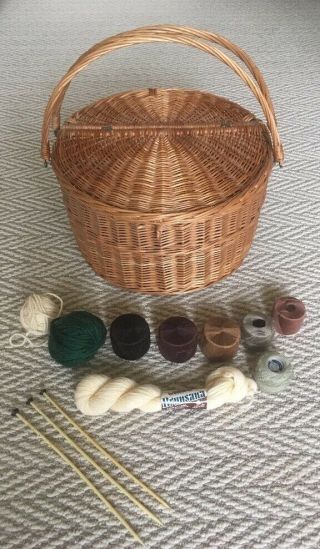 Vintage Wicker Knitting Basket W Handles - Large Size 6