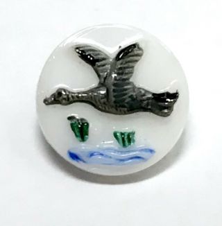 Vintage Kiddie Button - Hand Painted Bird In Flight - White Glass