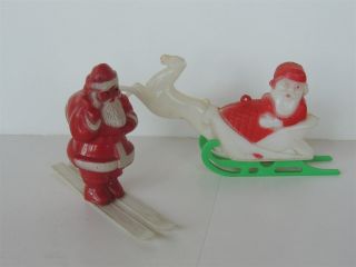 2 Vintage Hard Plastic Christmas Santa Claus Reindeer Ornament Decoration