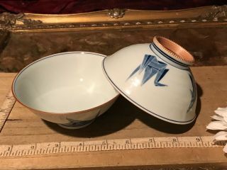 2 Asian Porcelain Blue & White Origami Crane Design Rice Bowls 4 5/8 " X2 " Marked