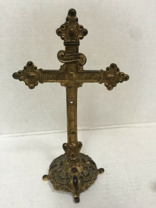 Antique Ornate Gold Metal Standing Crucifix