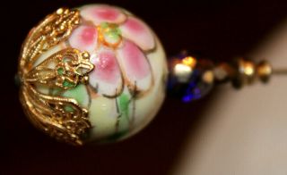 Antique Vintage Hatpin Stick Pin Hand Painted Porcelain Bead With Gold Accents